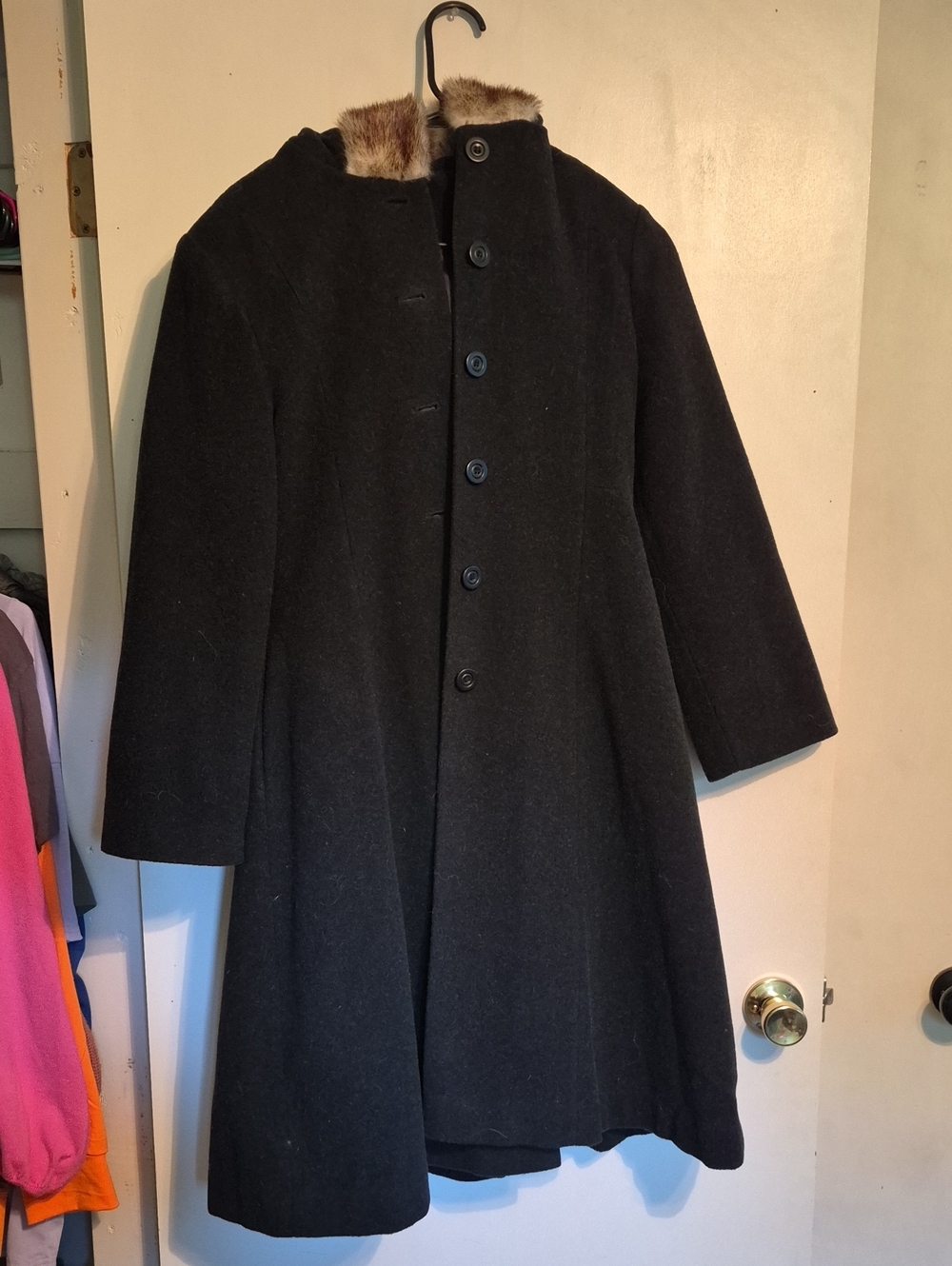 Rothschild Black Wool Pea Coat with Faux Fur Collar